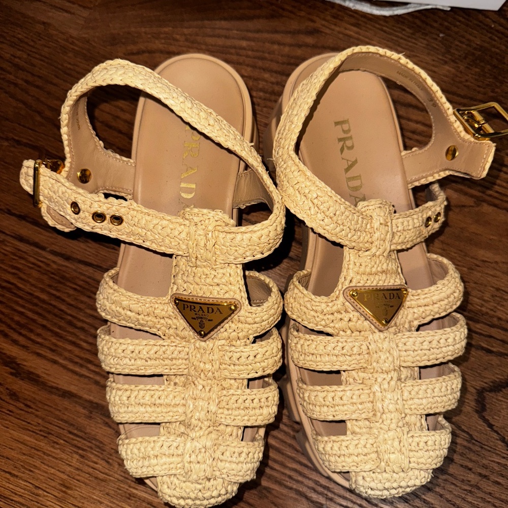 PRADA Monolith Crochet Cage Sandals Beige Khaki- 39 - Picture 6 of 14